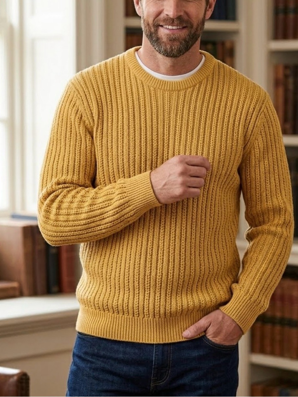 Vintage John Ashford Mustard Gold Ribbed Cotton Knit Sweater 0249